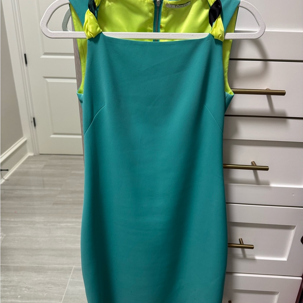 T Tahari Teal and Lime Mini Dress